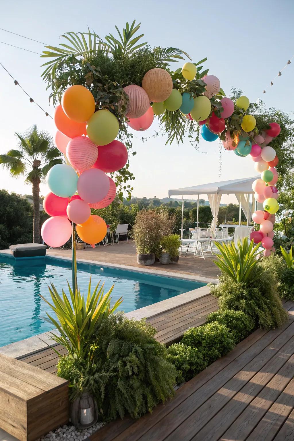 Bright balloons bring cheerful energy to the poolside setting.
