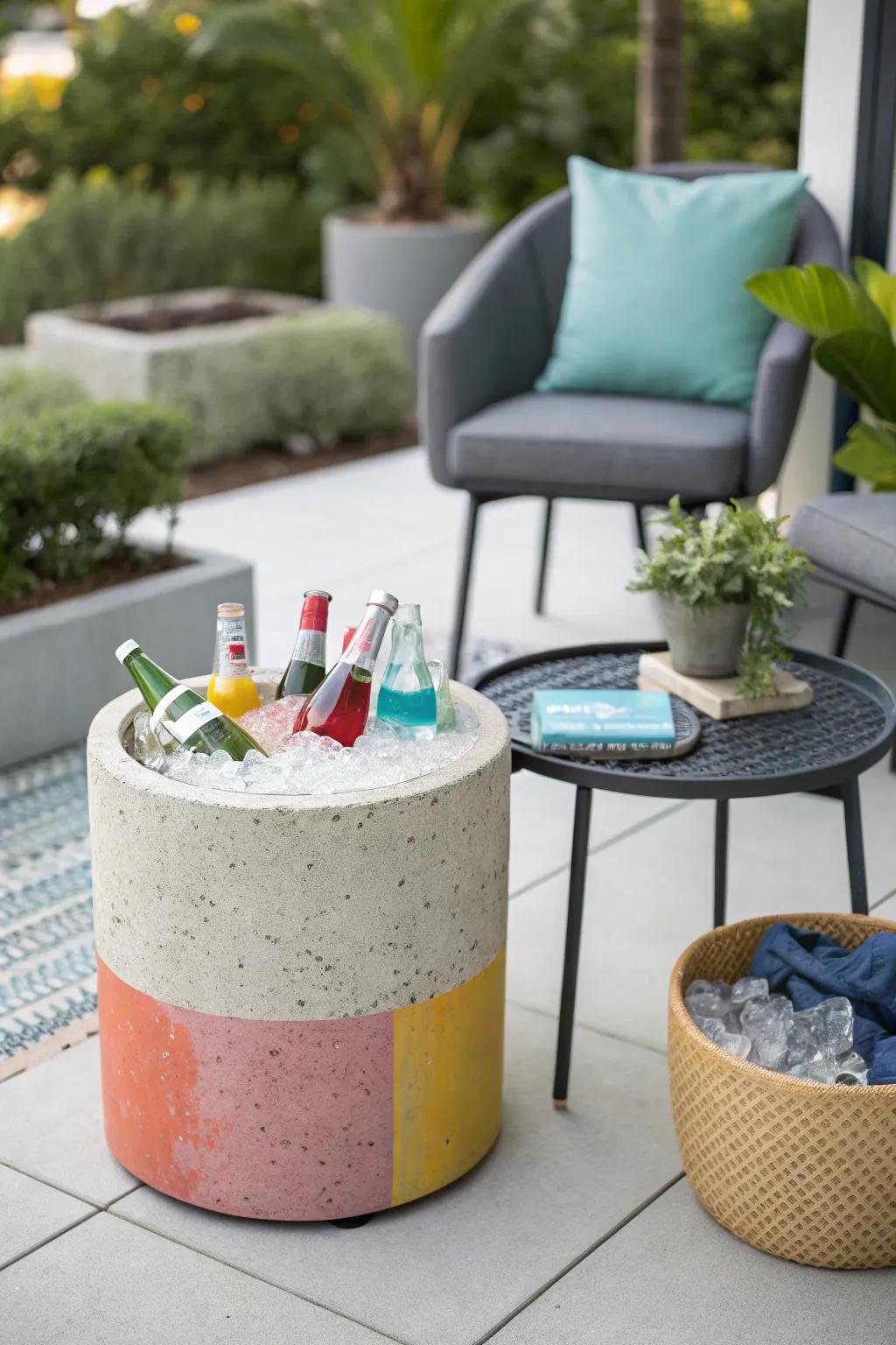 A modern cement cooler adding style and function to the patio.