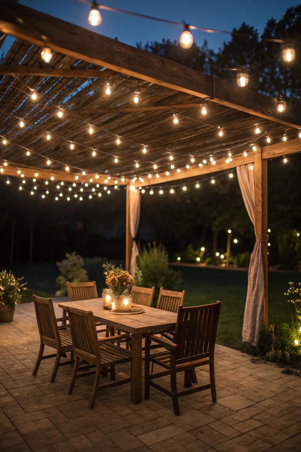 A patio transformed into a dreamy space with a canopy of twinkling string lights.
