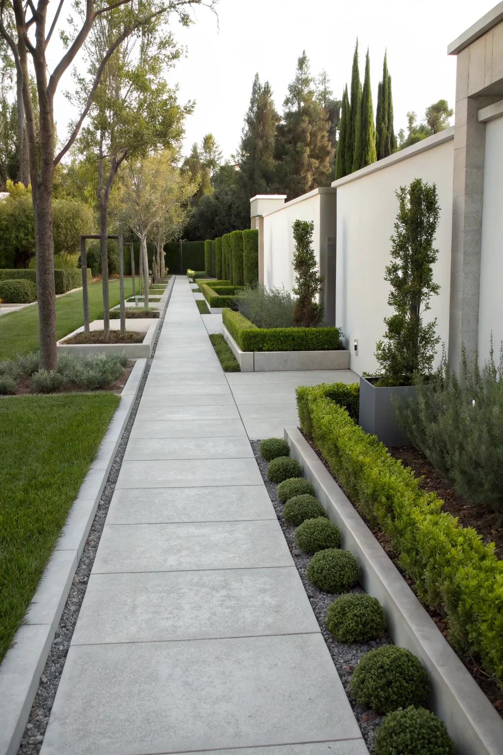 Concrete borders provide a sleek and modern look to garden paths.