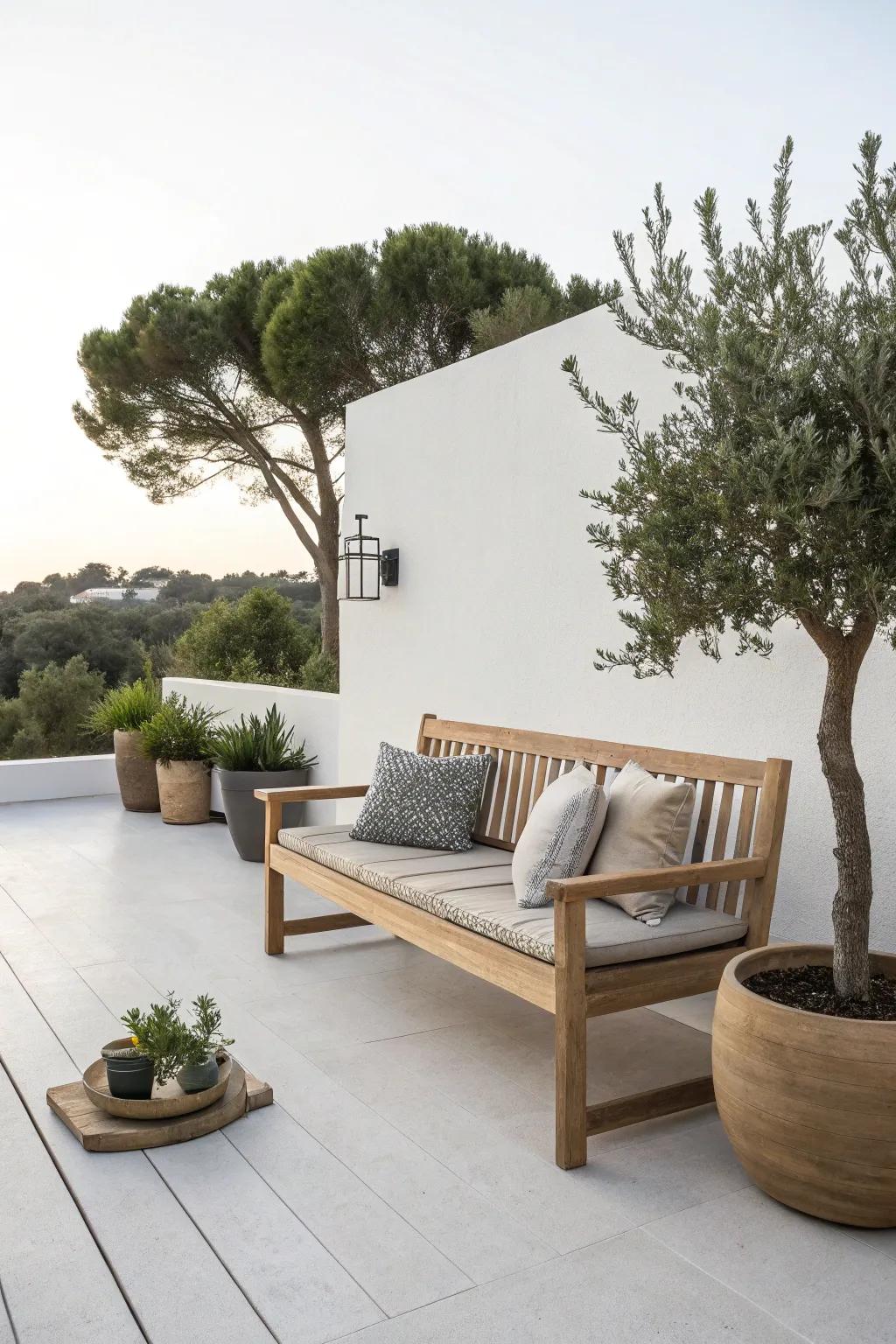 A minimalist wooden bench that blends effortlessly with its surroundings.