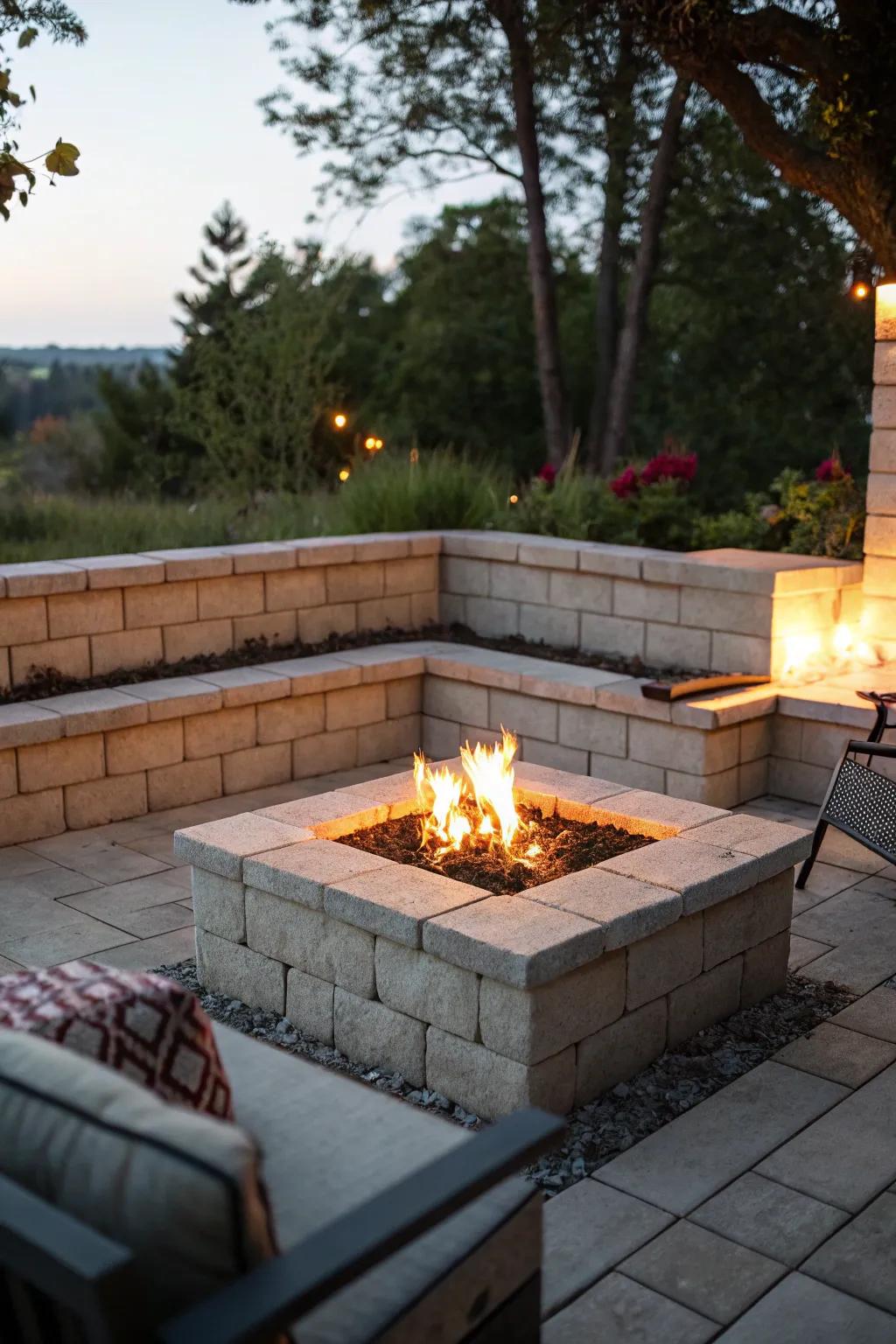 Inviting fire pit set within a block wall for cozy evenings.