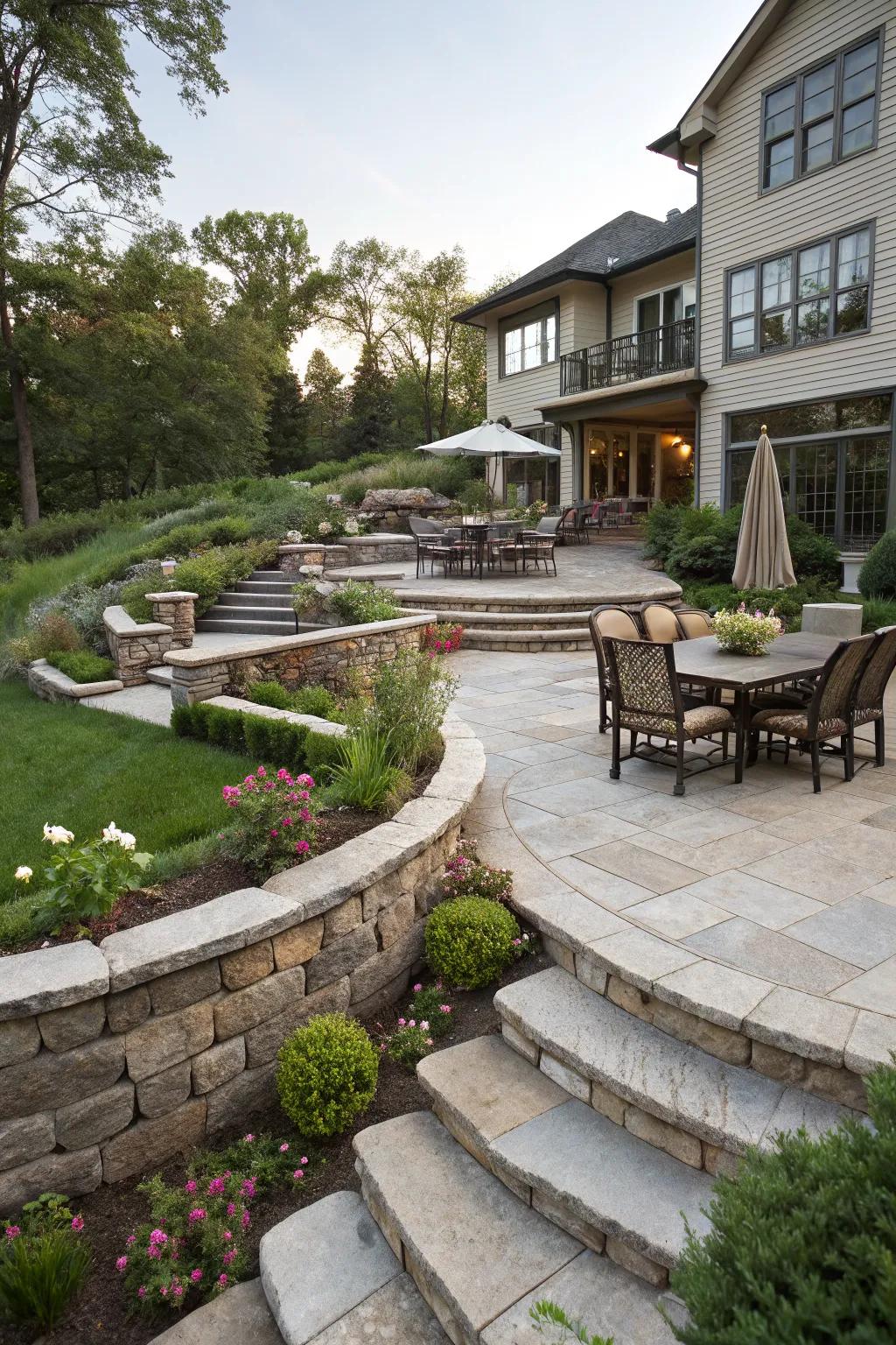 A multi-level patio with distinct dining and lounging areas.