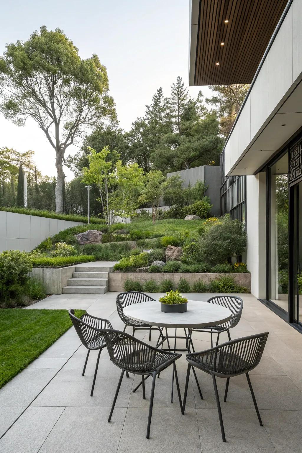 A modern patio setup with sleek metal chairs that exude contemporary elegance.