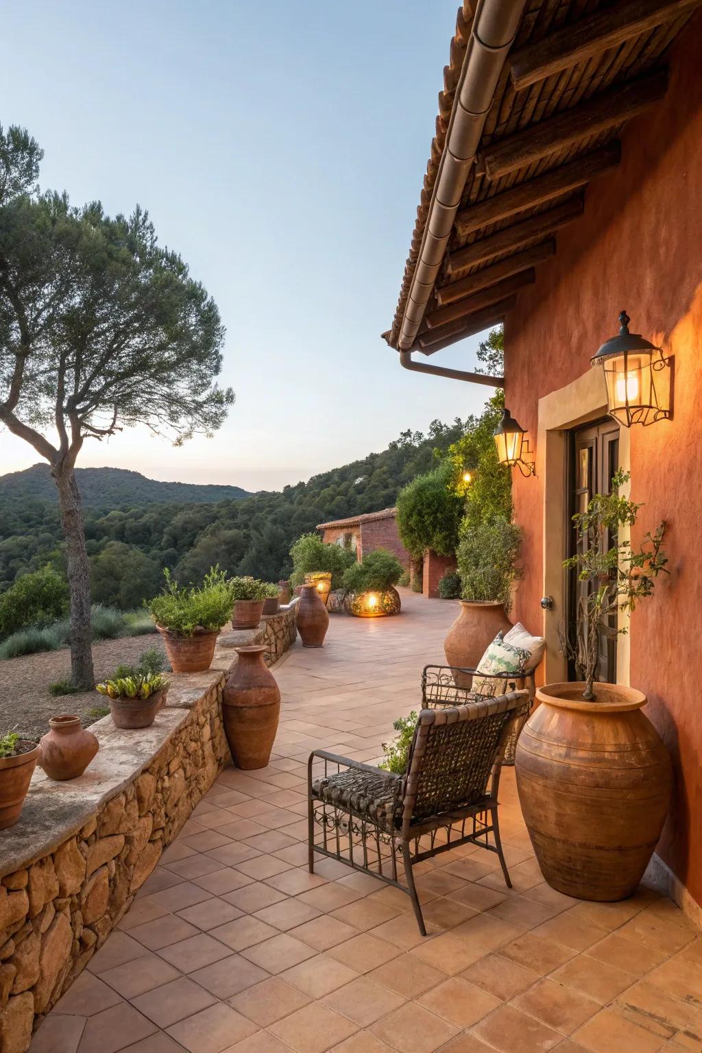 A patio featuring terracotta and ochre tones that blend seamlessly with the natural surroundings.