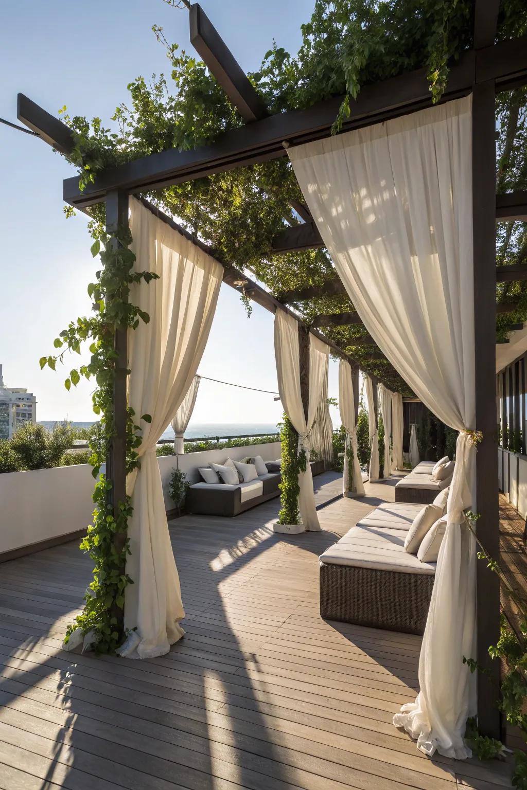 Create a cozy, shaded retreat with a pergola and curtains.