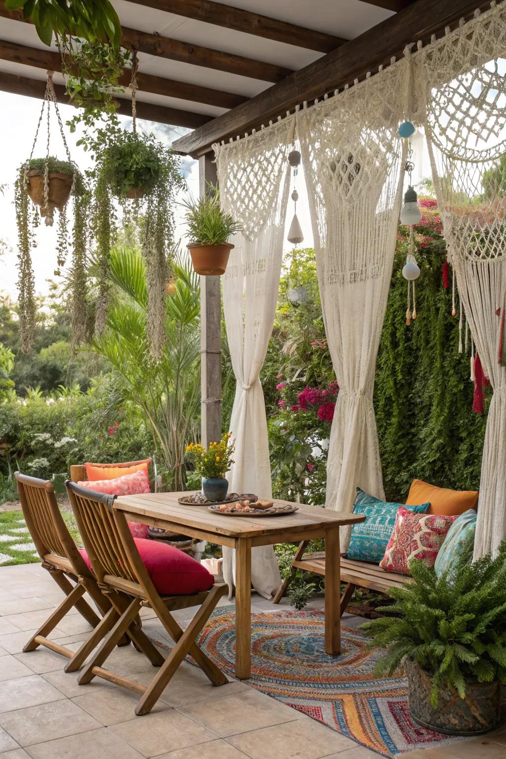 Macramé curtains bring a touch of bohemian charm to your patio.