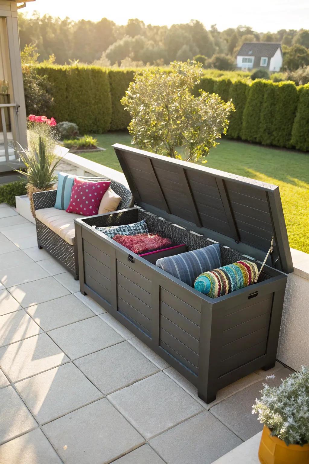 Protect your cushions from the elements with a durable weatherproof deck box.