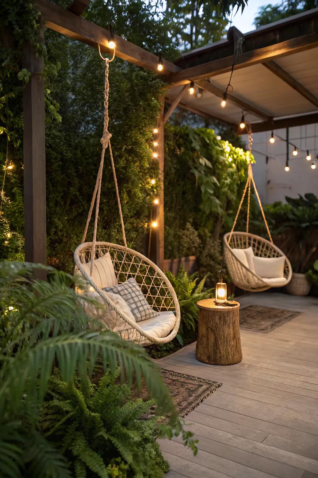 Swing chairs add a fun and whimsical element to any patio deck.