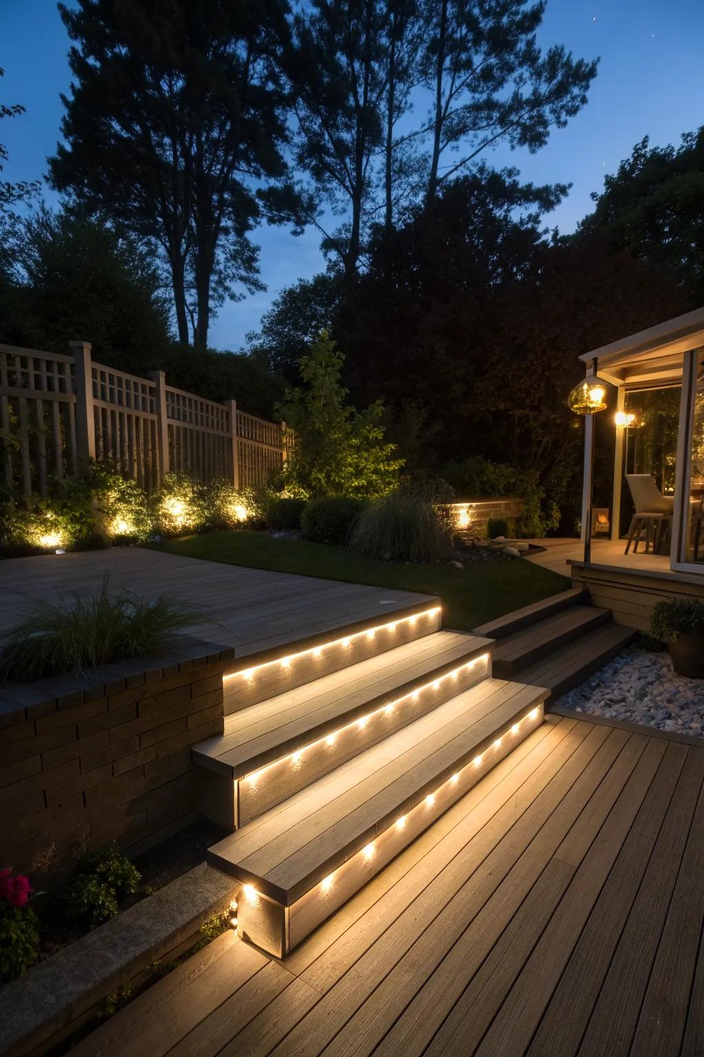 Integrated lighting turns your deck steps into a nighttime feature.
