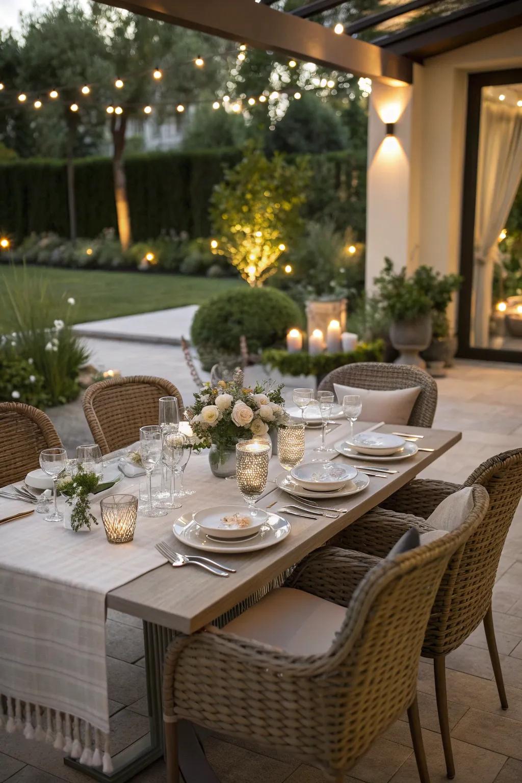 Dine under the stars with a beautifully set outdoor dining table.