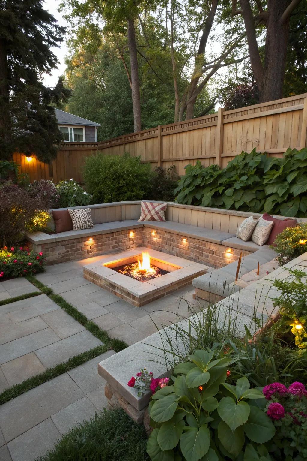 A sunken fire pit lounge creates an intimate, private setting.