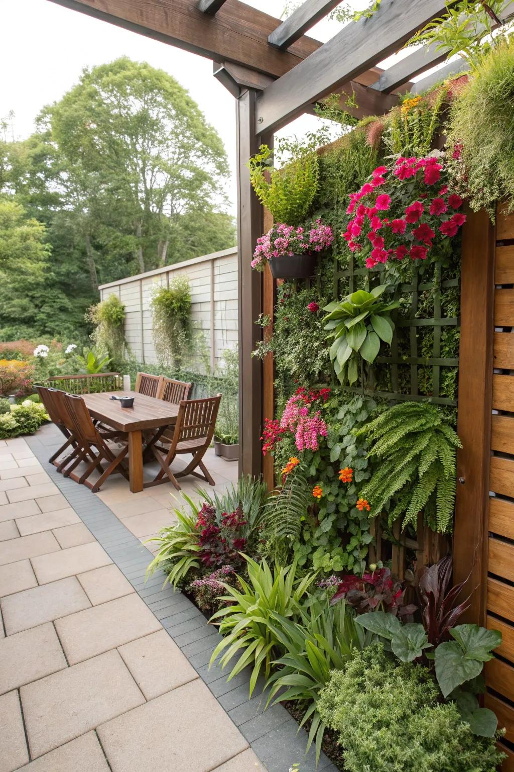 Vertical gardens offer privacy while adding natural beauty.