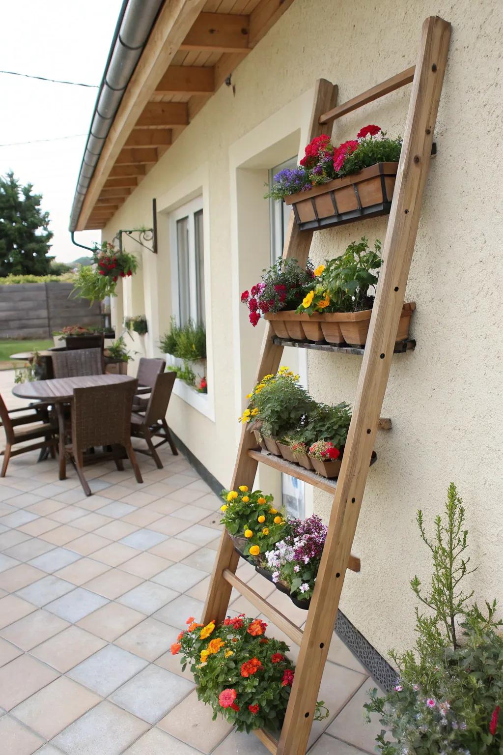 A creative vertical garden using a wooden ladder with planters.