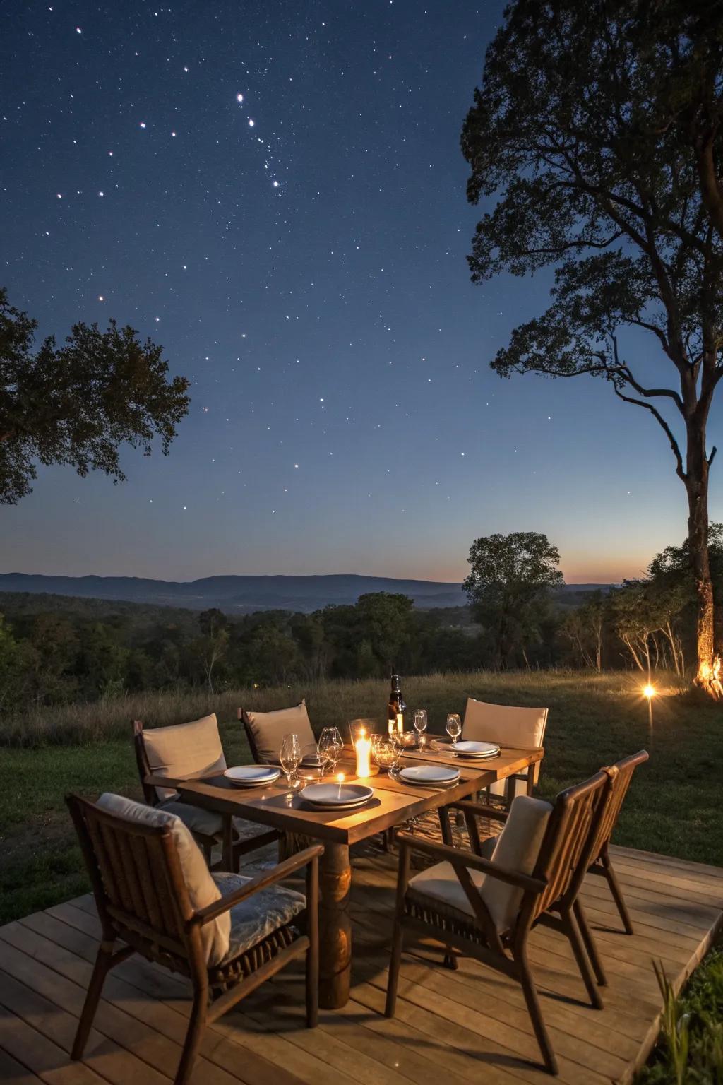 A charming outdoor dining area ready for a starry night feast.