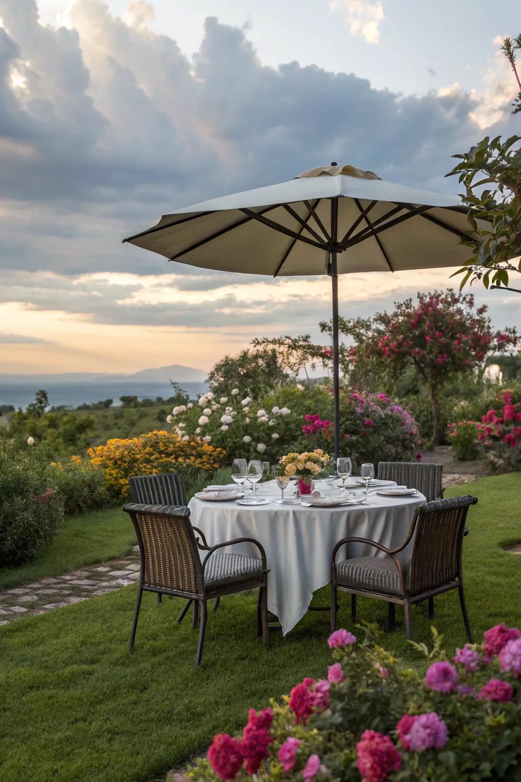 Enjoy meals outdoors with a dining setup directly on the grass.