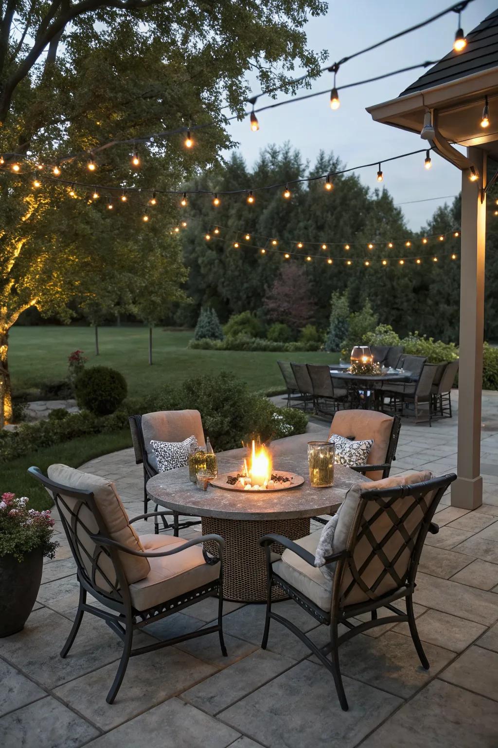 A firepit dining set adds warmth and style to the patio.