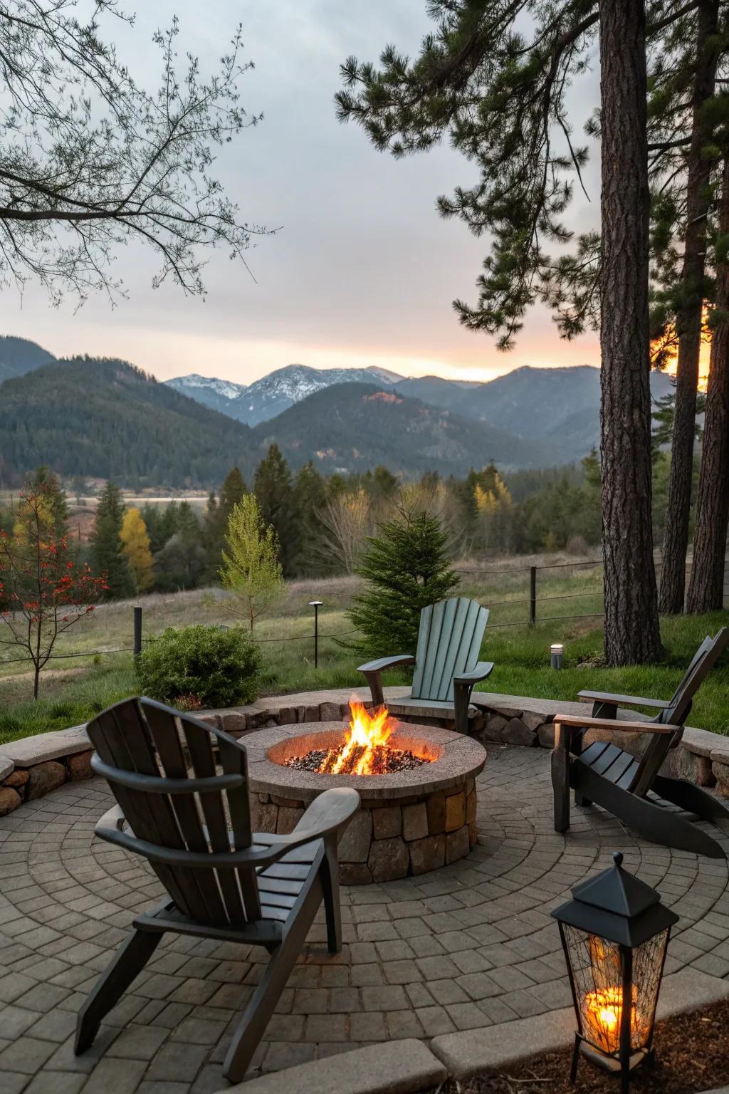 A fire pit area with classic Adirondack chairs, offering a timeless and relaxed vibe.