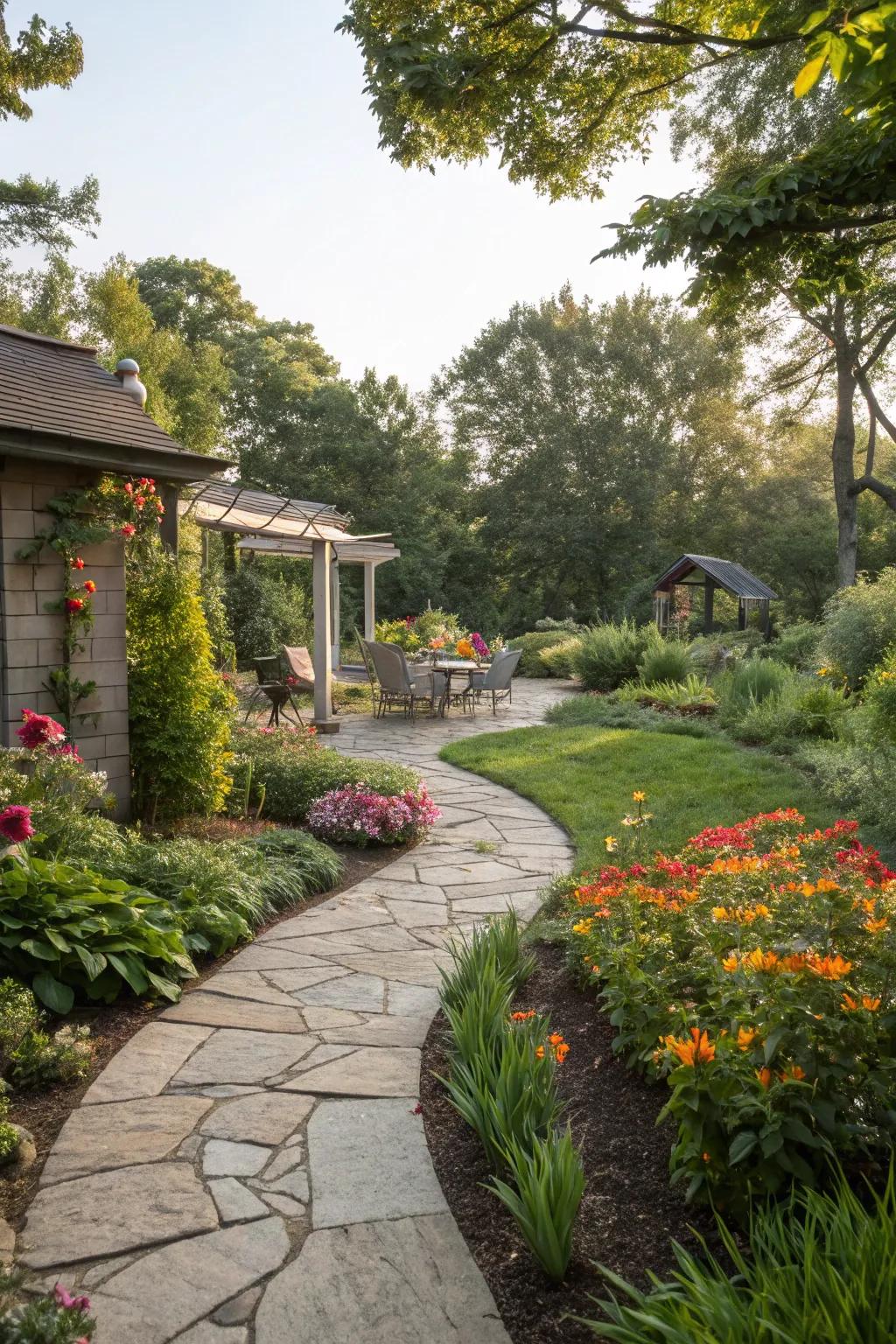 Elegant stone pathways weaving through a vibrant garden.