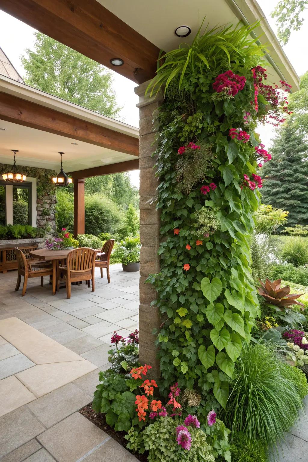 Elevate your patio space with a vertical garden that bursts with life.