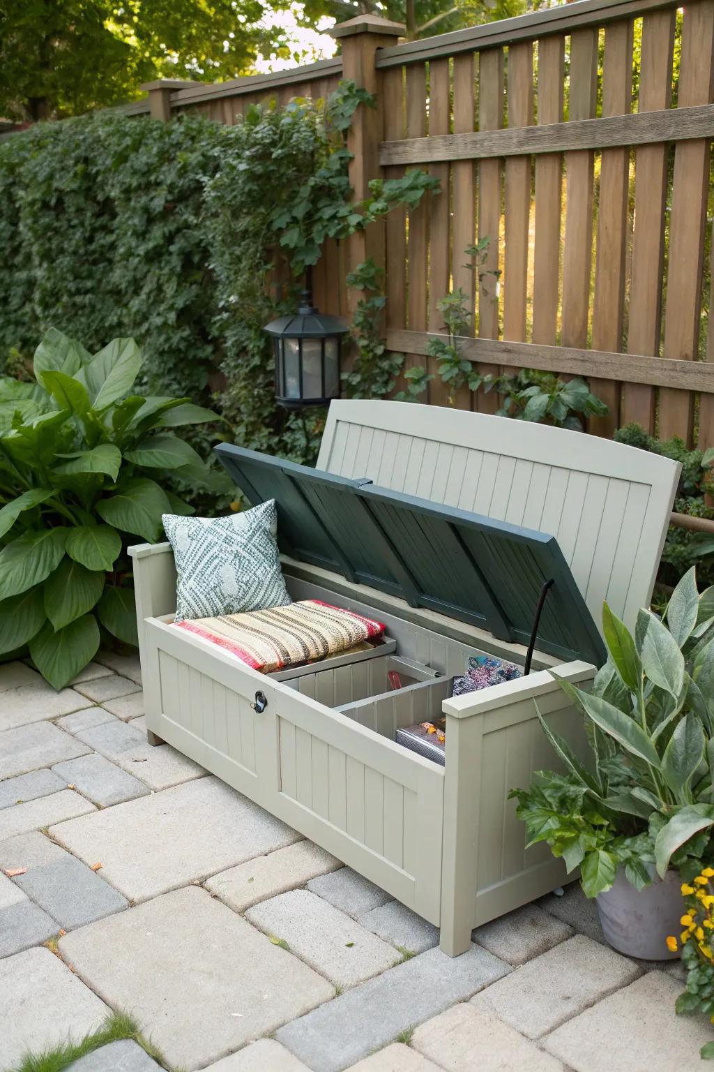 A multi-functional bench adds both seating and storage.