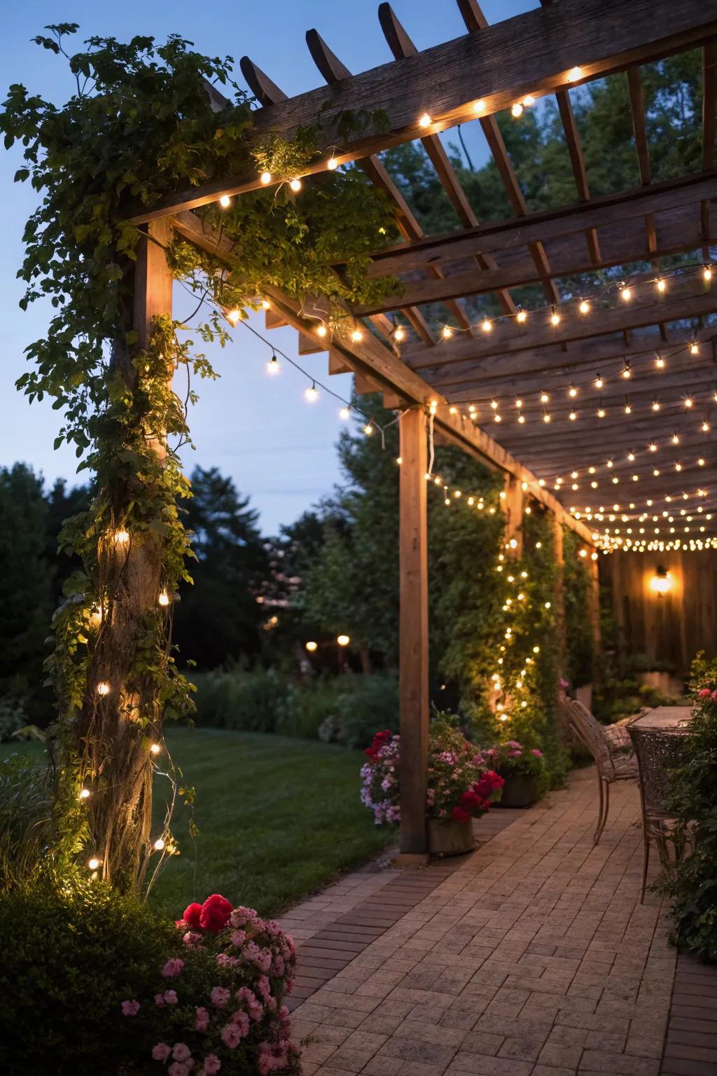 String lights transform your pergola into a nighttime wonderland.