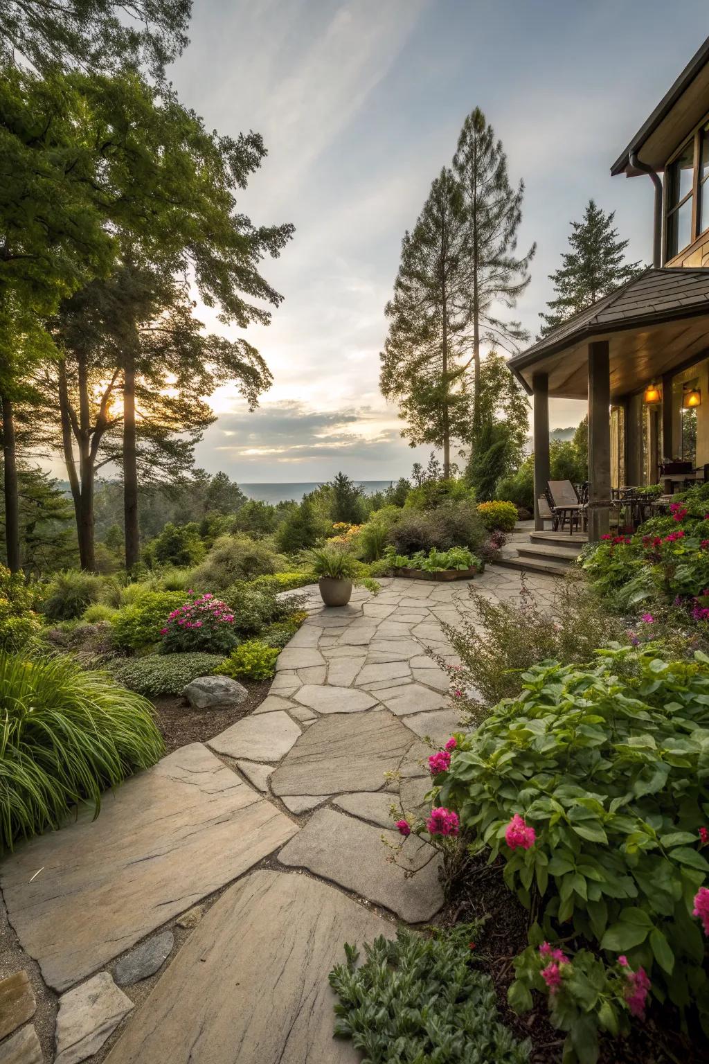 A patio enhanced with a natural stone finish, nestled in a vibrant garden.