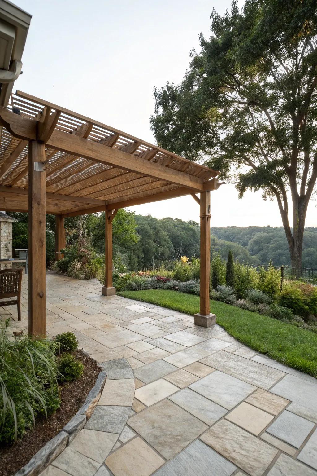 Natural materials bring a touch of rustic charm to this patio.