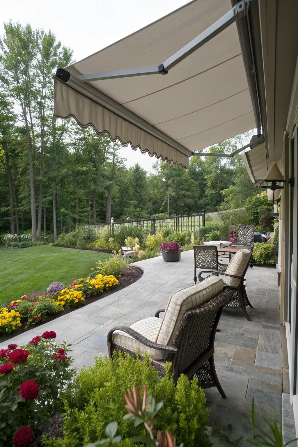Retractable awnings offer flexible shade solutions for changing weather.