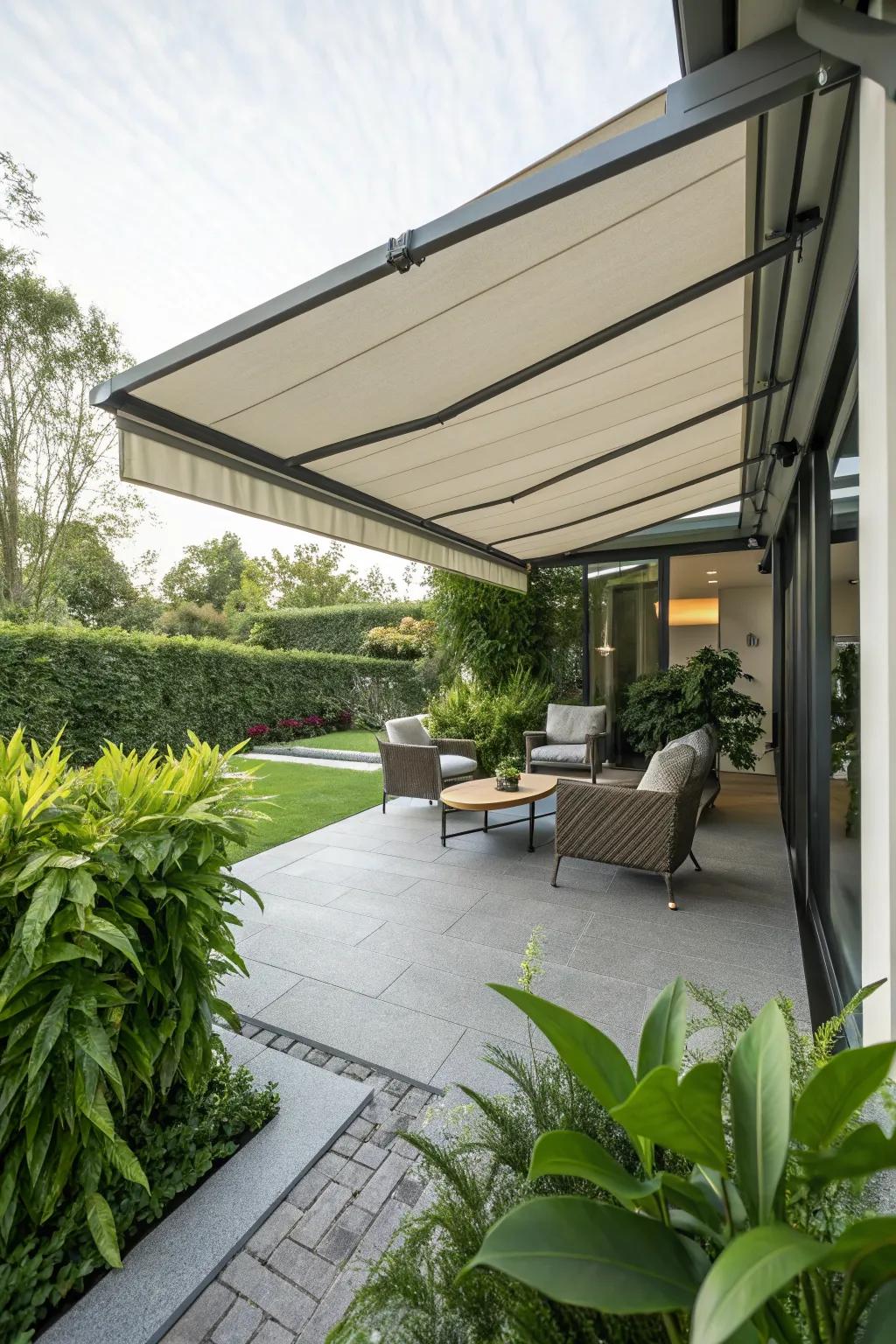 Retractable awnings offer convenient, adjustable shade for sunny patios.