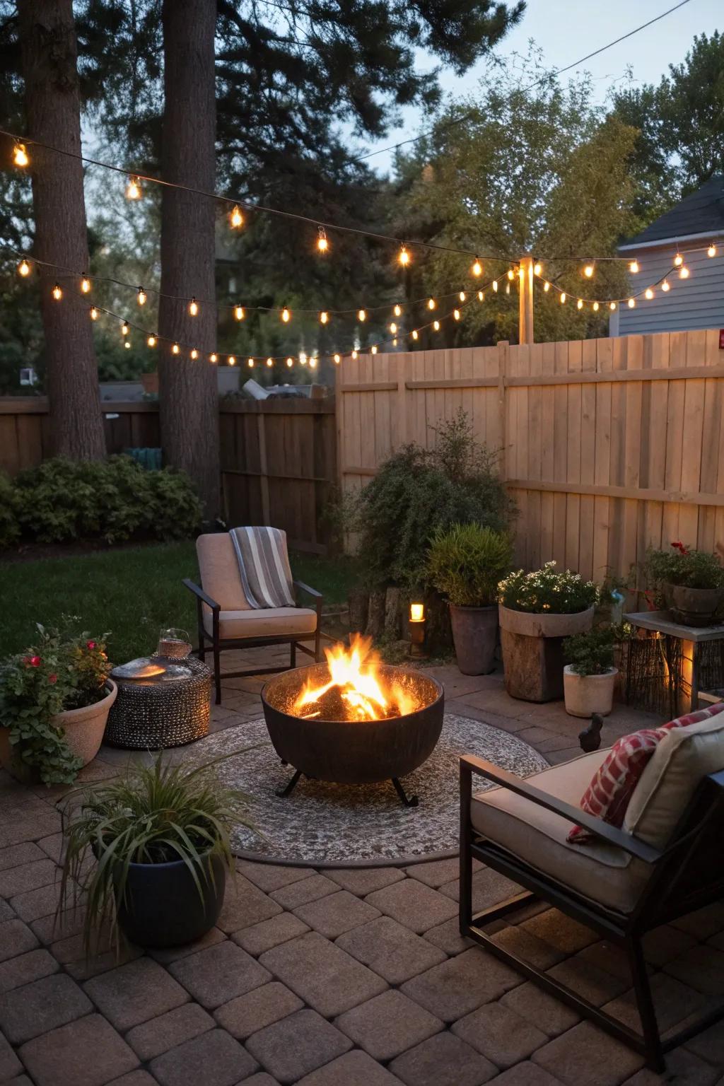 A portable fire pit adding warmth to a small patio.