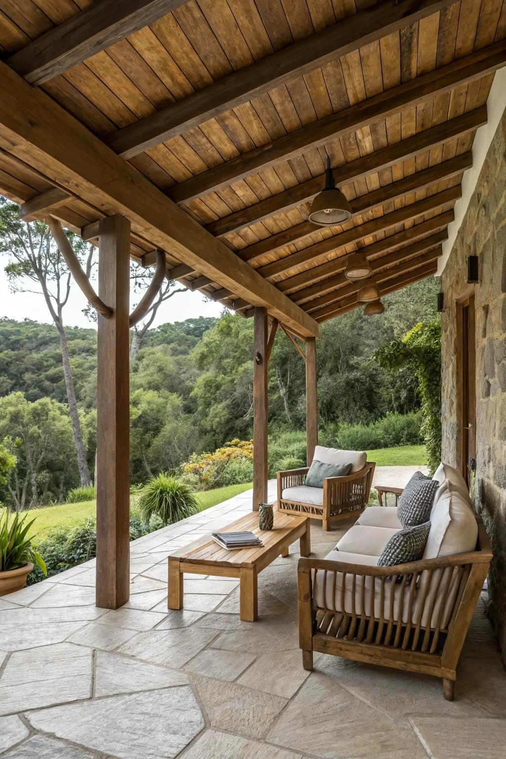 Solid wooden roofs offer a timeless and protective canopy for your patio.