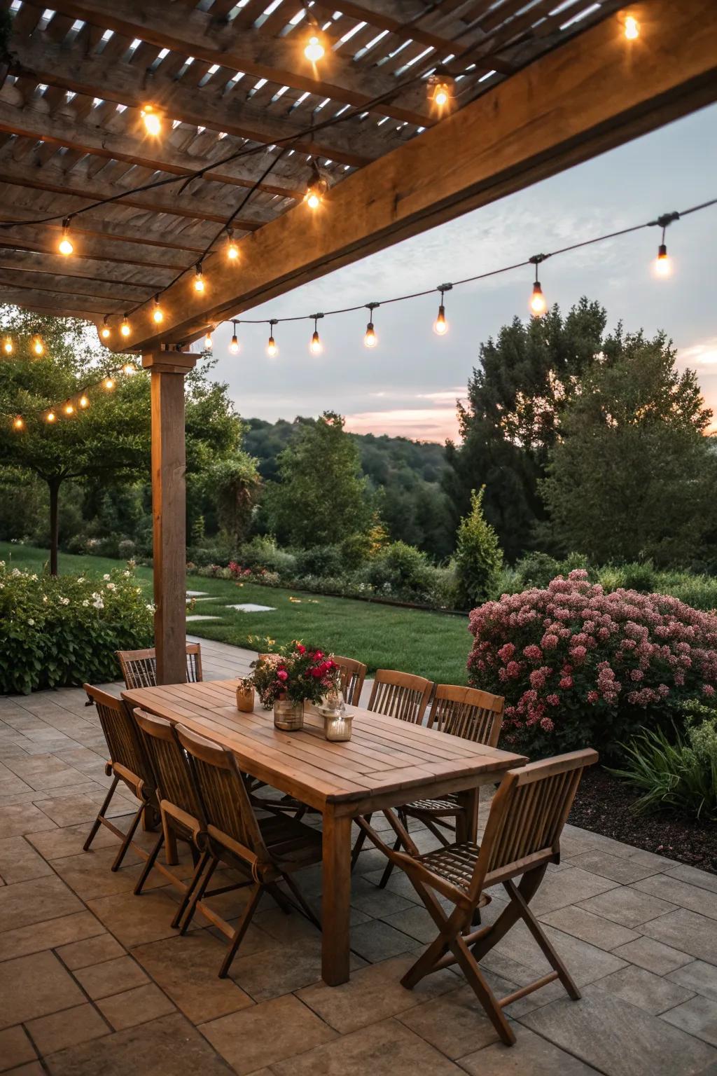 Dining under the stars with ambient lighting.