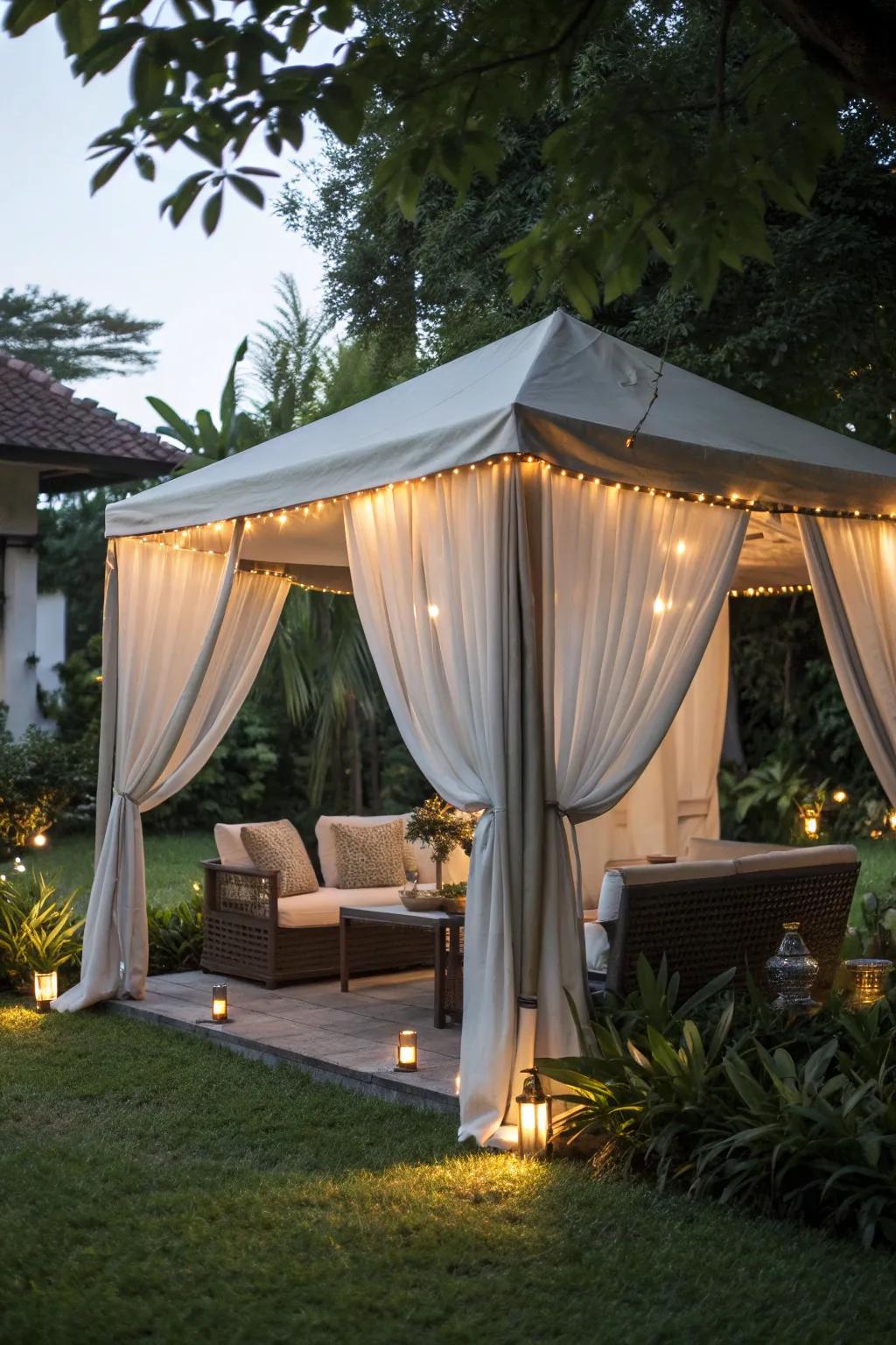 Create an intimate retreat with a curtain-enclosed tent.