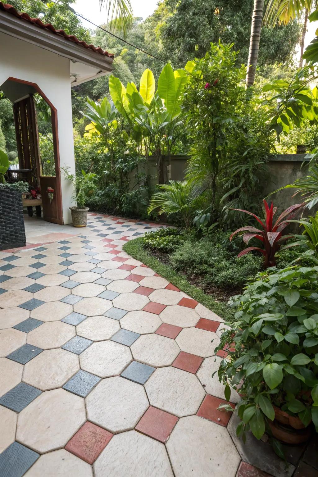 Hexagon tiles bring a dynamic geometric flair to your patio.