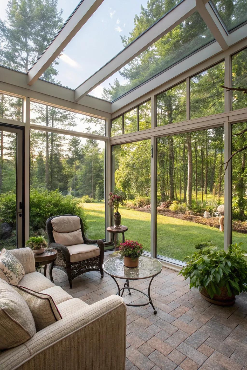 A cozy sunroom with glass walls offering a view of the garden.