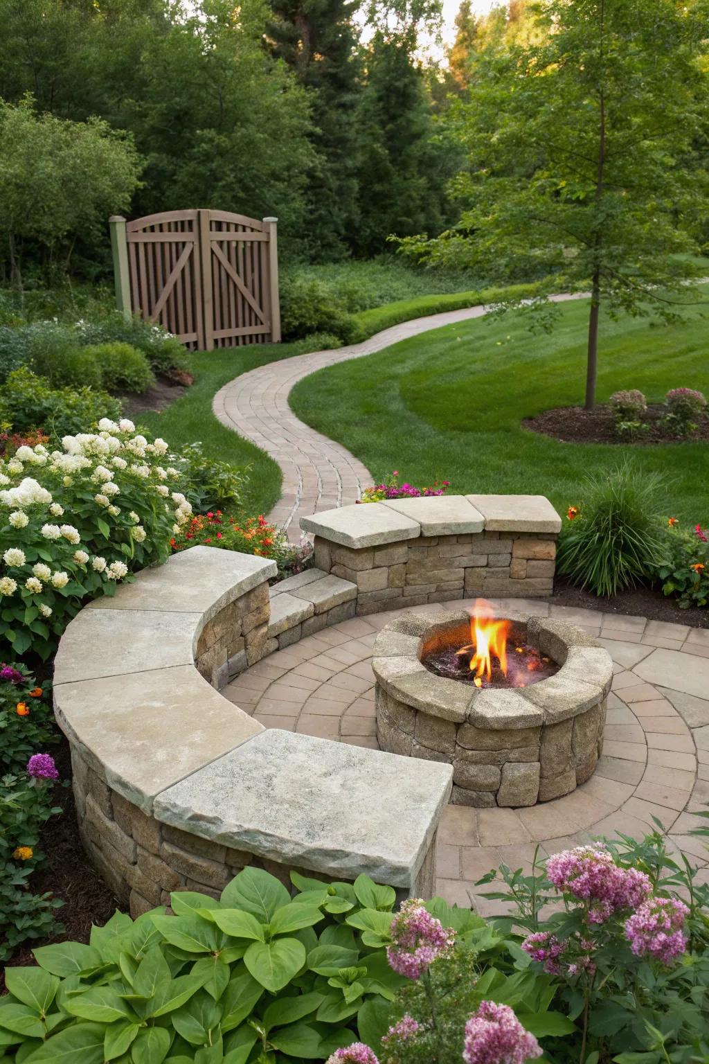 A stone fire pit with built-in benches adds rustic durability to your patio.