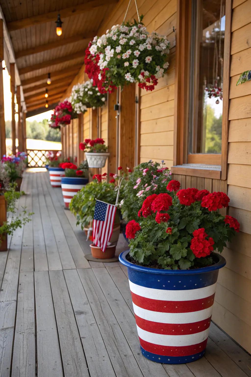 Red, white, and blue pots add a vibrant touch to this patriotic porch.