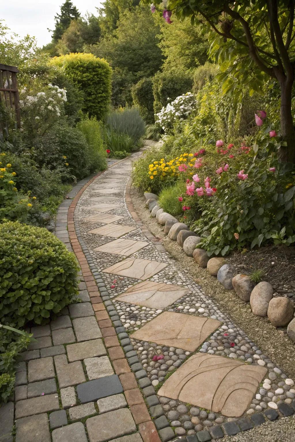Garden path with a mix of stones, pebbles, and tiles