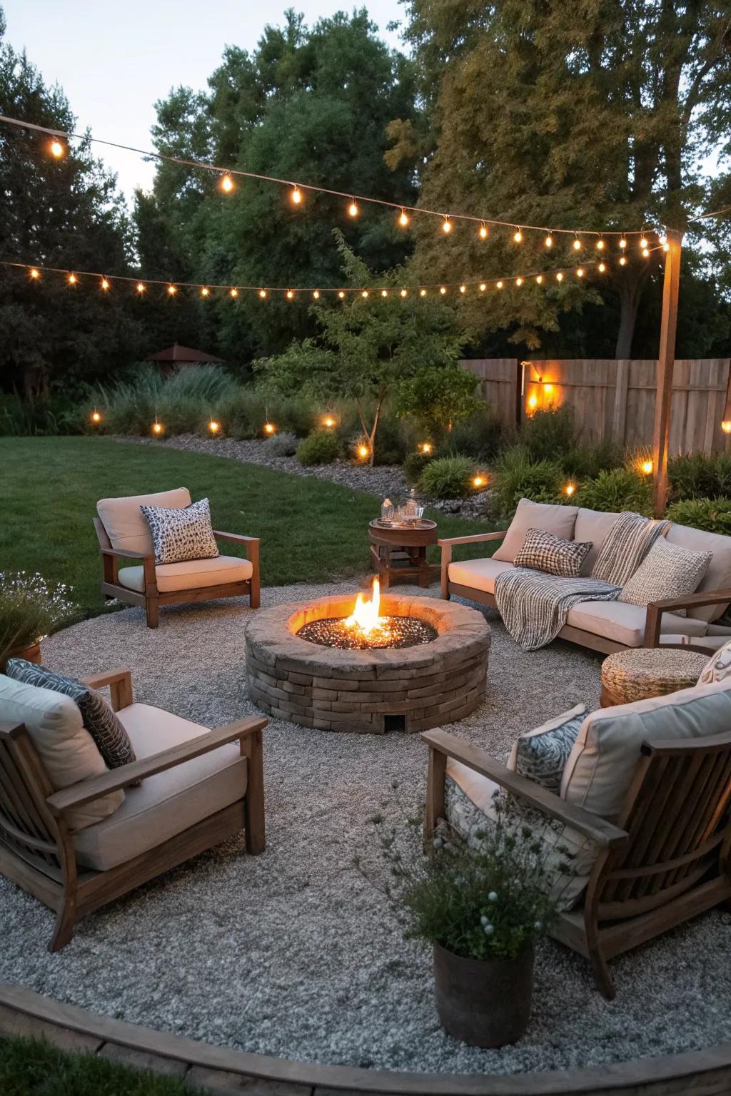 A warm and inviting gravel patio featuring a central fire pit.