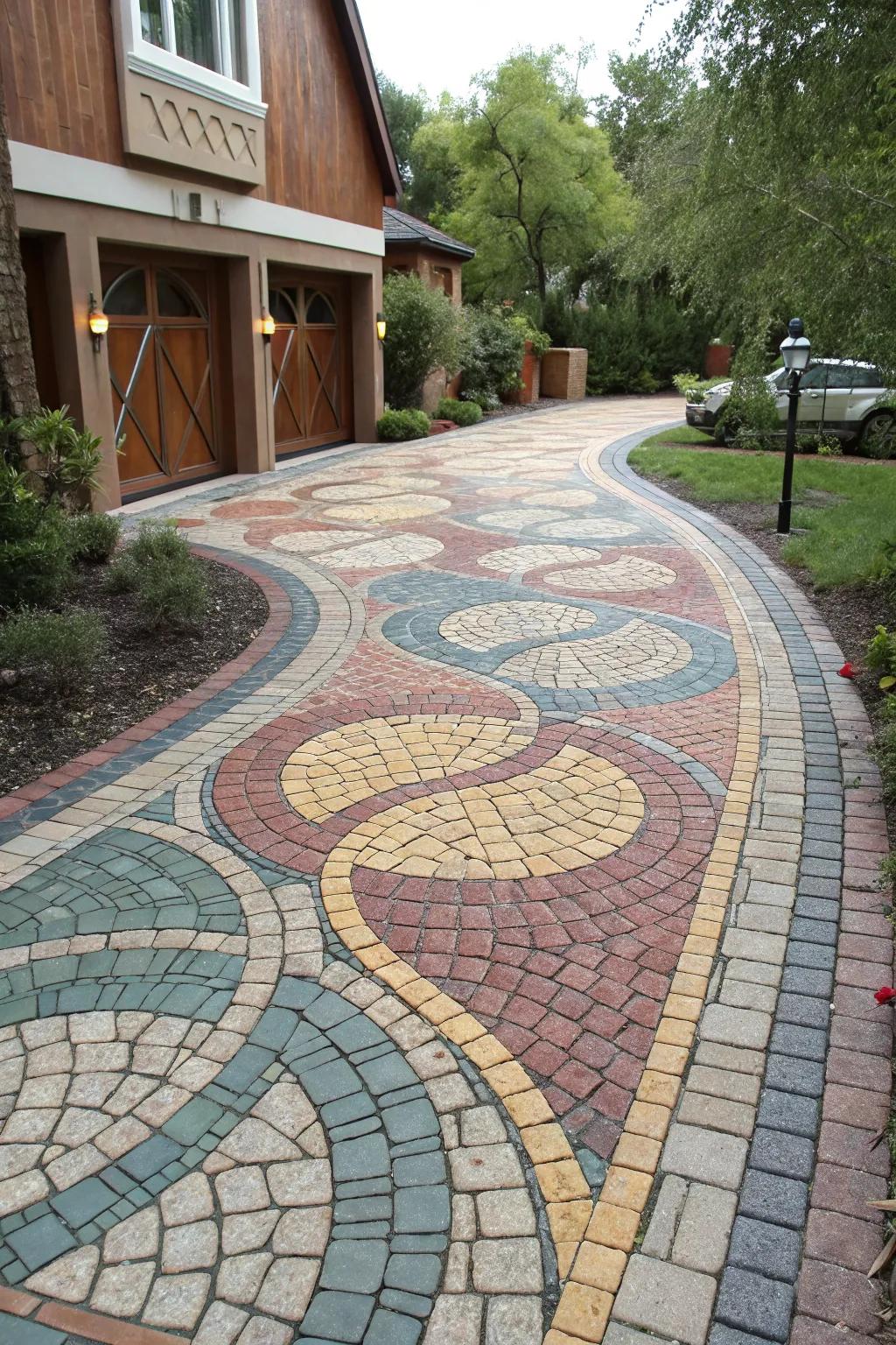 A colorful mosaic design adds vibrancy to the driveway.