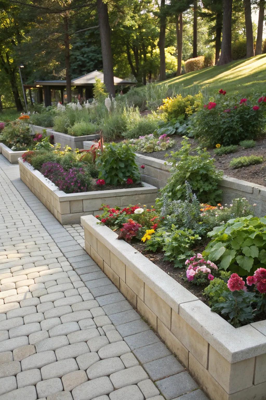 Stylish raised planter beds defined by paver edging.