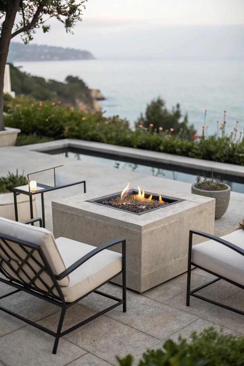 A sleek, modern square fire pit in a stylish outdoor setting.