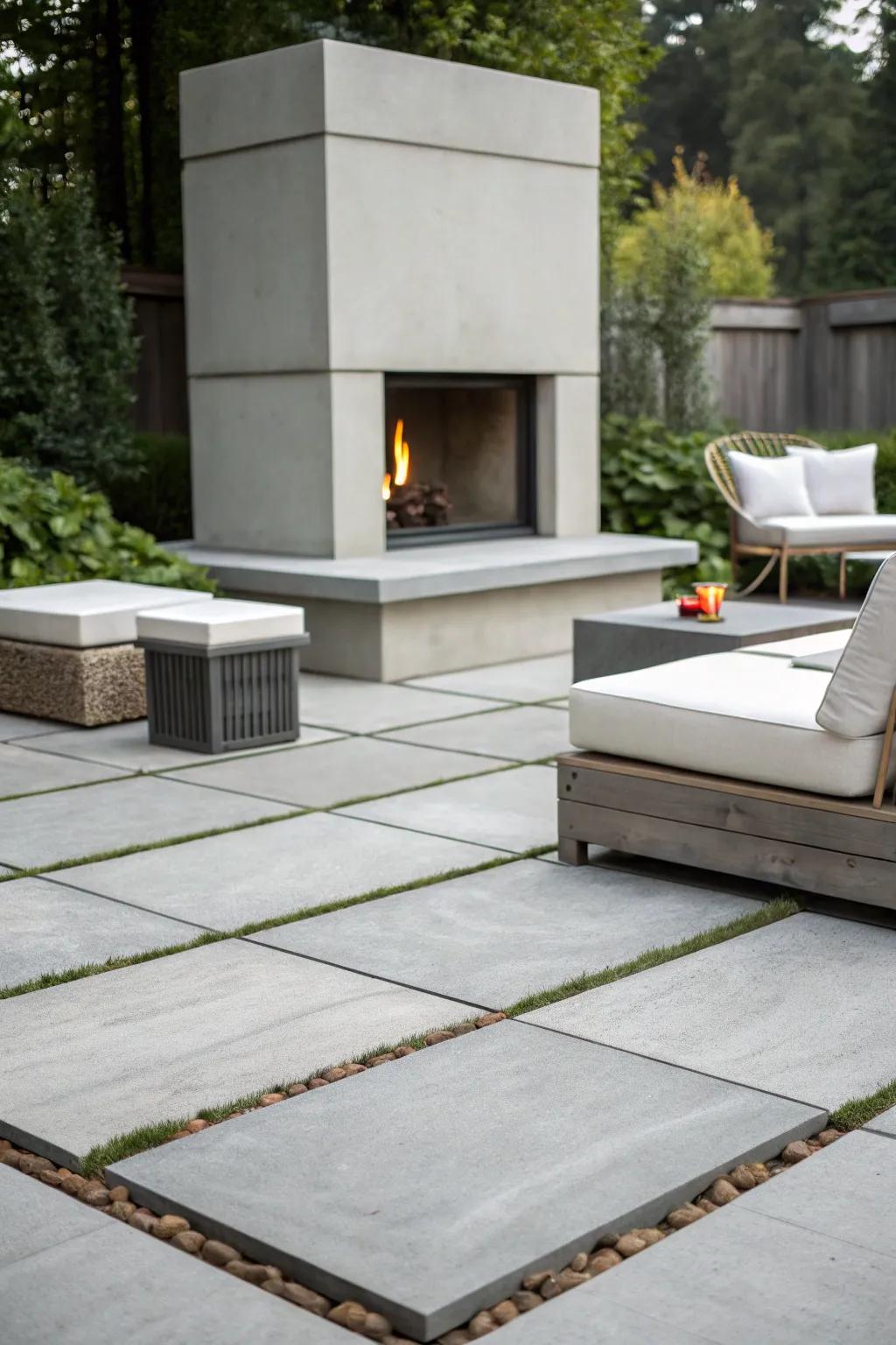 A modern minimalist fireplace that offers a sleek and stylish outdoor experience.