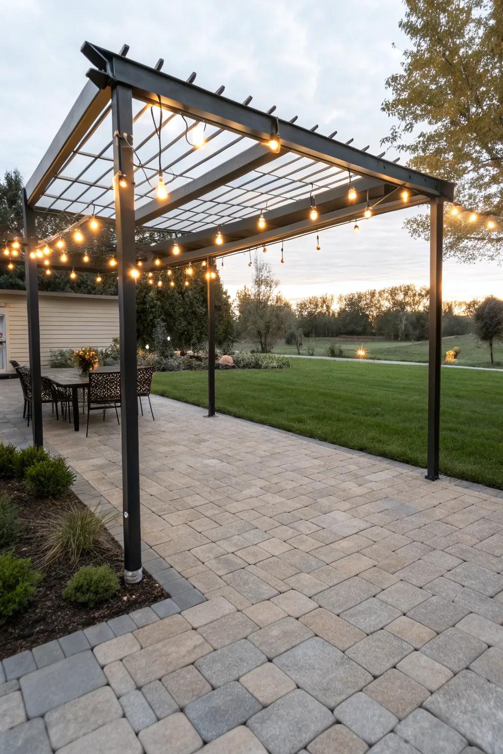 A modern metal pergola with string lights for evening gatherings.