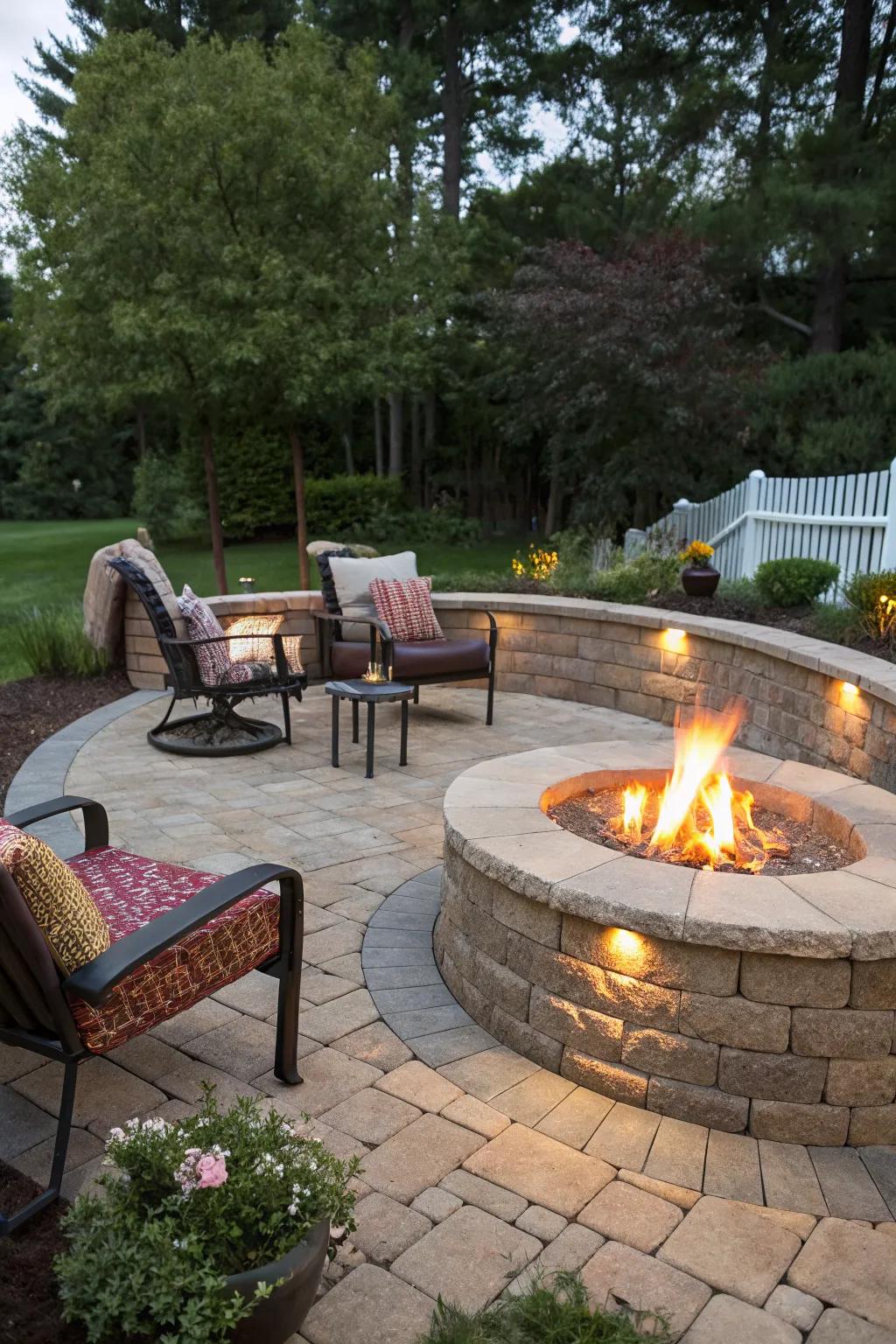 A cozy fire pit area with a stylish paver wall.