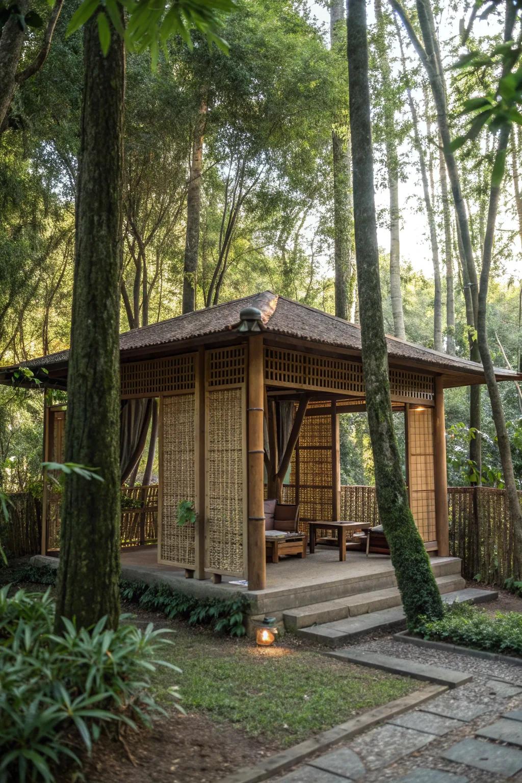 Bamboo screens offering privacy and a serene ambiance in a pavilion.