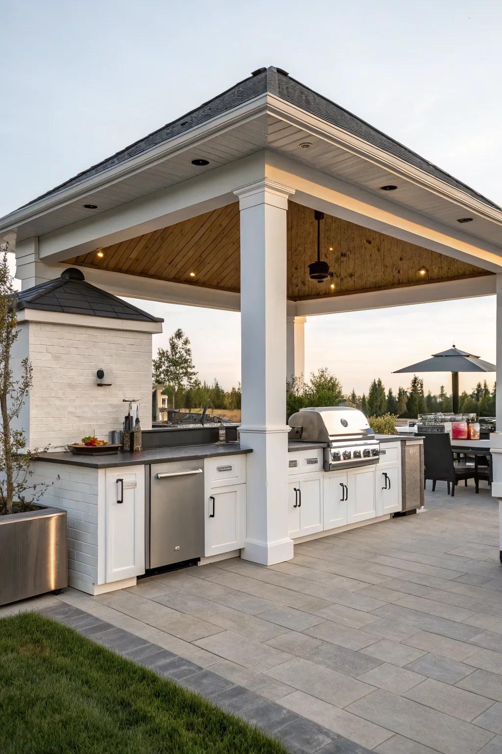 A modern vinyl pavilion showcasing an elegant outdoor kitchen.