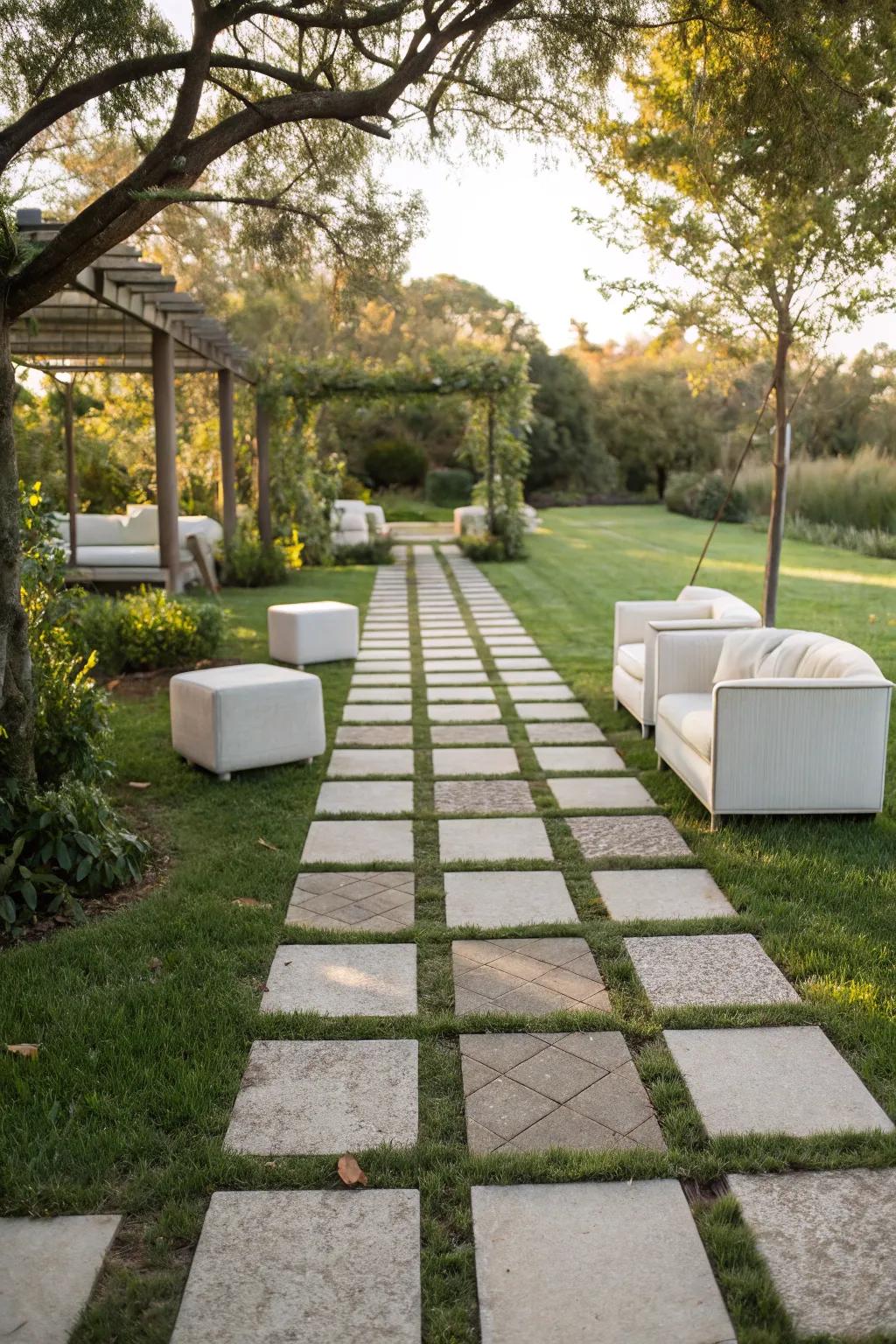 Geometric paving stones forming a contemporary garden path.
