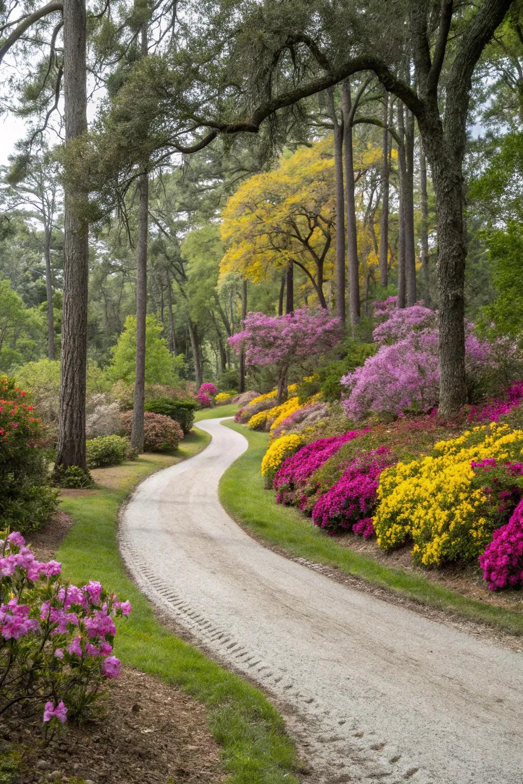 A curved pea gravel driveway adding a natural flow to the landscape.